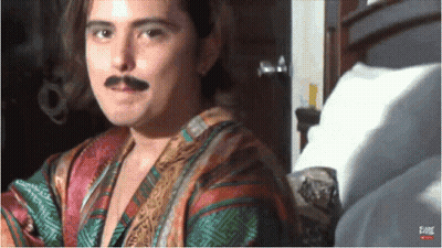 Woman With Fake Mustache In Kimono GIF