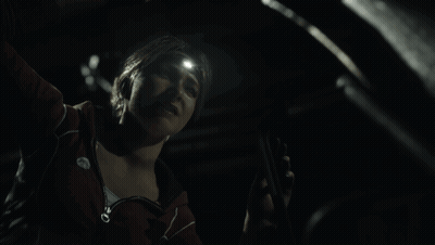 Woman With Flashlight On Head Looking Down GIF