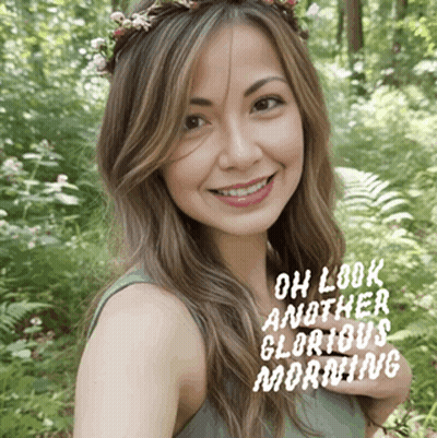 Mujer con corona de flores diciendo oh mira otra gloriosa mañana GIF