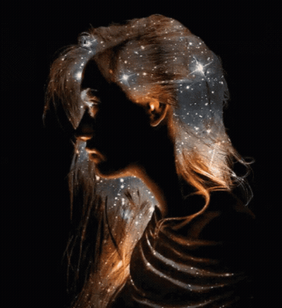 Woman With Galaxy Projected On Hair GIF