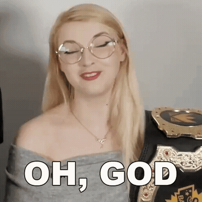 Woman With Glasses And Necklace Next To Wrestling Belt Saying Oh God GIF