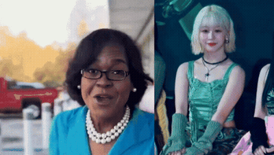 Woman With Glasses And Pearl Necklace Beside Woman In Green Dress GIF