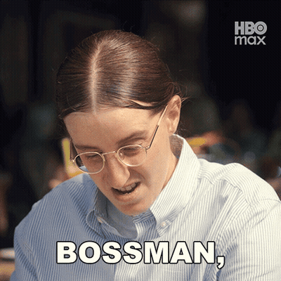 Woman With Glasses And Striped Shirt Saying Bossman GIF