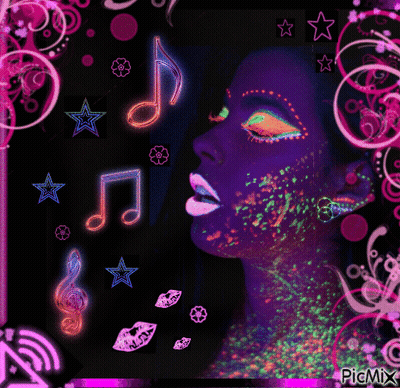 Woman With Glow In The Dark Makeup And Music Notes GIF