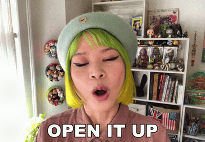 Woman With Green Hair And Beret Says Open It Up GIF