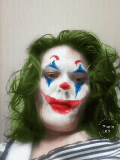 Woman With Green Hair And Clown Face Photo Lab Logo GIF