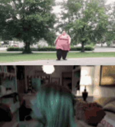 Woman With Green Hair And Man In Pink Shirt Walking GIF