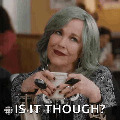 Woman With Green Hair Holding Coffee Saying Is It Though GIF