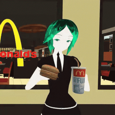 Woman With Green Hair Holding Hamburger And McDonald's Cup GIF