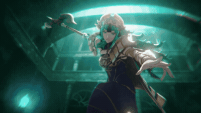 Woman With Green Hair Holding Spear GIF