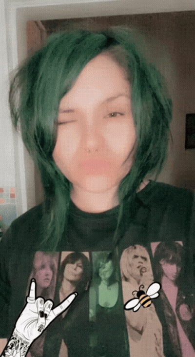 Woman With Green Hair In Bee T-Shirt GIF