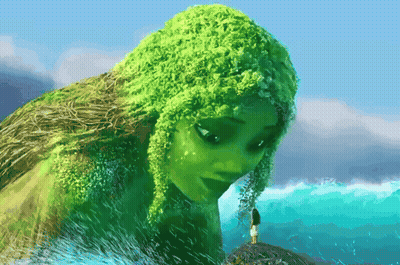 Woman With Green Hair Stands On Ocean Rock GIF