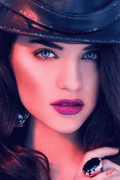 Woman With Hat And Ring And Purple Lipstick GIF
