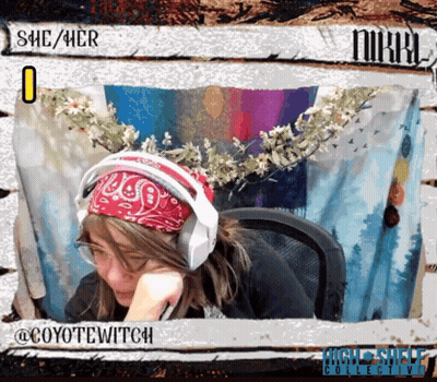 Woman With Headphones And Red Bandana Saying She/Her GIF