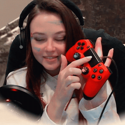 Woman With Headphones Holding Red Controller Paw Prints GIF