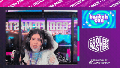 Woman With Headphones In Front Of Cooler Master Screen GIF