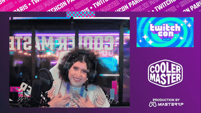 Woman With Headphones In Front Of Cooler Master Sign GIF