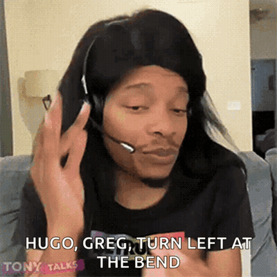 Woman With Headset Says Hugo Greg Turn Left At The Bend GIF