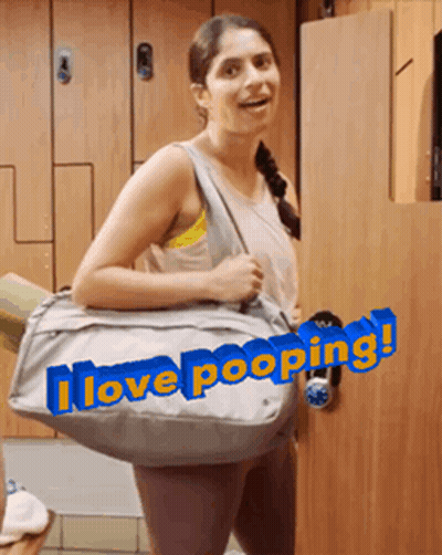 Woman With I Love Pooping Bag In Locker Room GIF