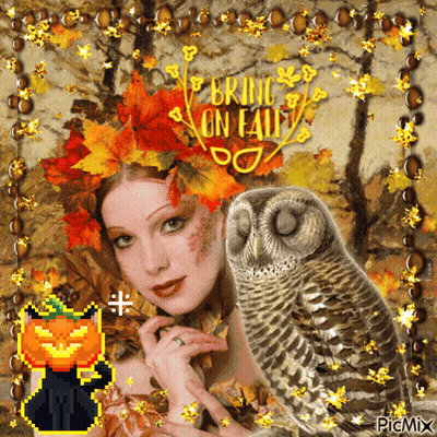 Woman With Leaves And Owl Saying Bring On Fall GIF