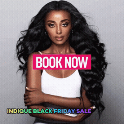 Woman With Long Black Hair Next To Book Now Sign GIF