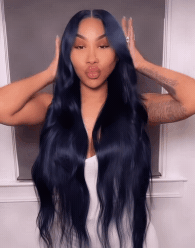 Woman With Long Dark Blue Hair And White Dress GIF