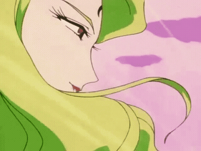 Woman With Long Green Hair and Pink Background