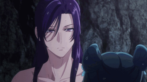 Woman With Long Purple Hair Looking At Blue Object GIF