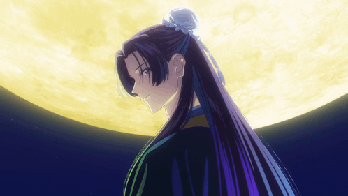 Woman With Long Purple Hair Standing In Front Of Yellow Moon GIF
