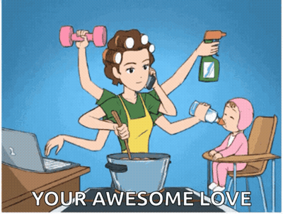 Woman With Many Arms Cooking And Talking On Phone GIF