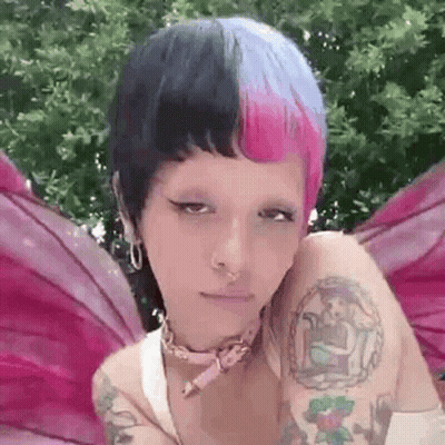Woman With Pink Blue Hair, Wings, Choker, Earrings GIF