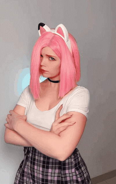 Woman With Pink Hair And Cat Ears Looks Angry GIF