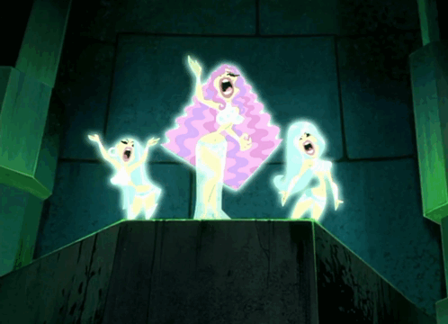 Woman With Pink Hair And Two Ghosts Screaming GIF