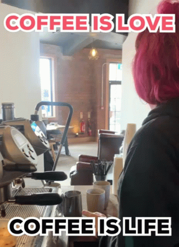 Woman With Pink Hair In Front Of Coffee Machine With Coffee Is Love GIF