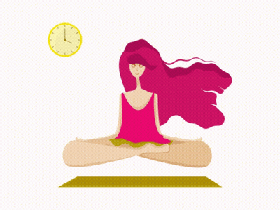 Woman With Pink Hair On Yoga Mat, Clock At 7:15 GIF
