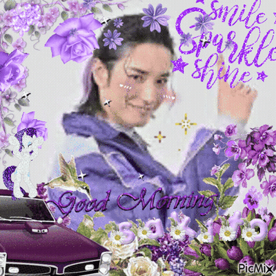 Woman With Purple Flowers And Car Says Good Morning GIF