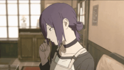 Woman With Purple Hair And Choker Looking Down GIF