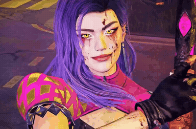 Woman With Purple Hair And Yellow Eyes Holding Sword GIF