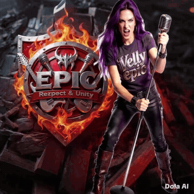 Woman With Purple Hair Holding Microphone In Front Of Epic Sign GIF
