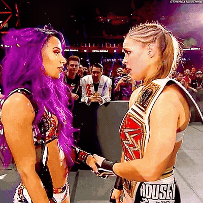 Woman With Purple Hair Next To Woman With Rousa Belt GIF