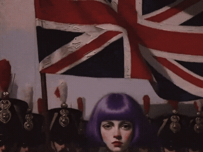 Woman With Purple Hair Standing In Front Of Soldiers GIF