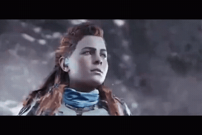 Woman With Red Hair And Blue Scarf Looking Up GIF