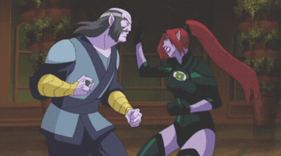 Woman With Red Hair Fighting Man In Purple Outfit GIF