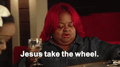 Woman With Red Hair Holding Wine And Saying Jesus Take The Wheel GIF