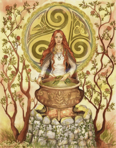 Woman With Red Hair Sitting In Cauldron With Celtic Symbol GIF