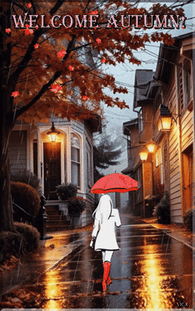 Woman With Red Umbrella Walking Wet Street Welcome Autumn GIF