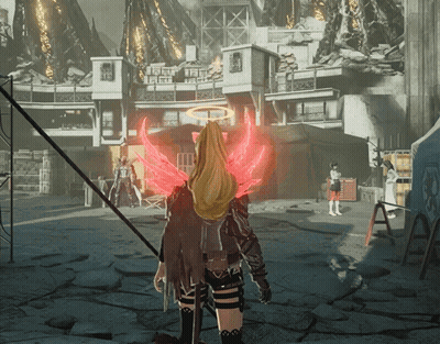 Woman With Red Wings And Halo In Front Of Building GIF