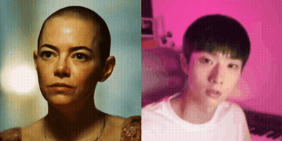 Woman With Shaved Head Next To Man In White Shirt GIF