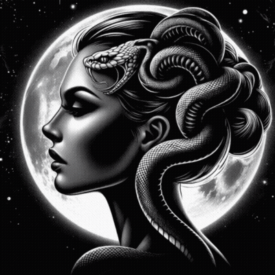 Woman With Snake In Hair Against Full Moon GIF