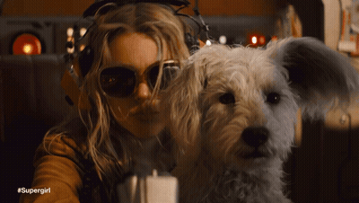 Woman With Sunglasses Headphones Holding White Dog #Supergirl GIF